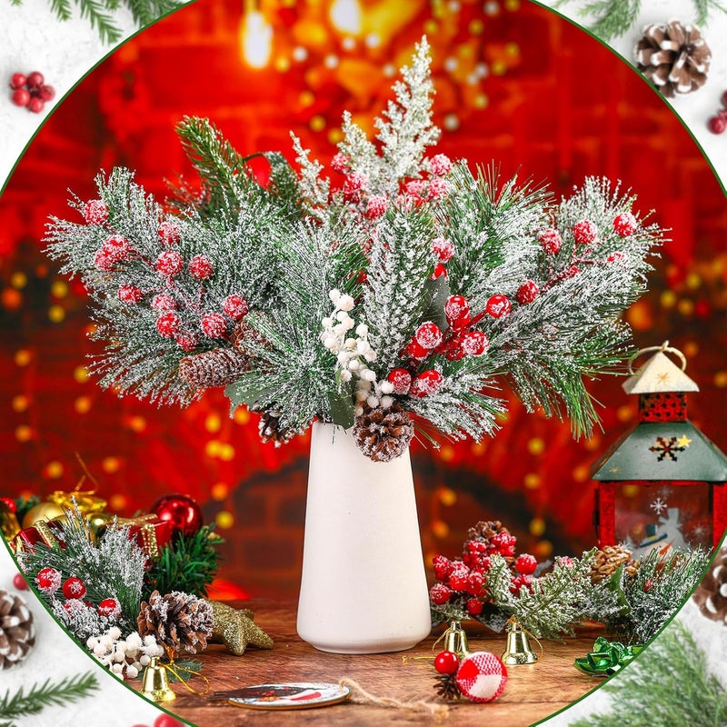 Solsew 16 Pcs Christmas Pine Cones Picks Artificial Berries Sprays Branches Faux Greenery Floral Stems Snowy Holly Pine Needles for Xmas Tree Wreath Garland Craft Decor(Stylish Snowy Style) - Image 3